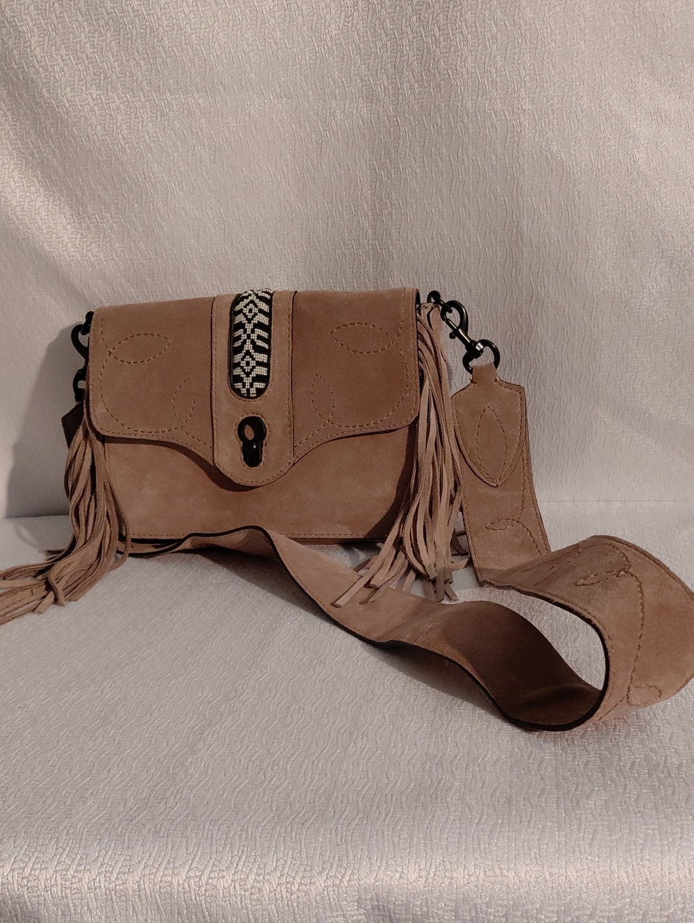 Rebecca Minnecoff Tan Suede Crossbody Bag Wide Strap. NWT